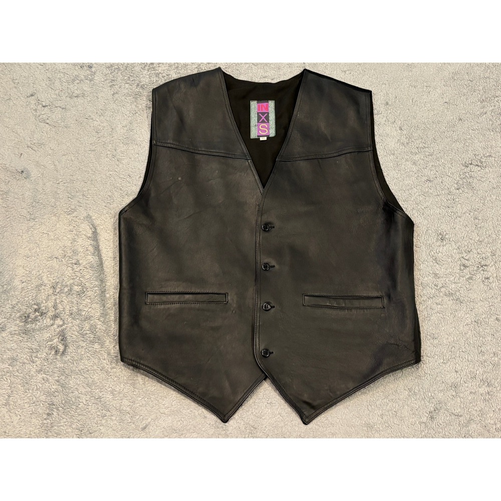 INXS Mens Vintage Black Real Leather Button Front Waistcoat Vest XL